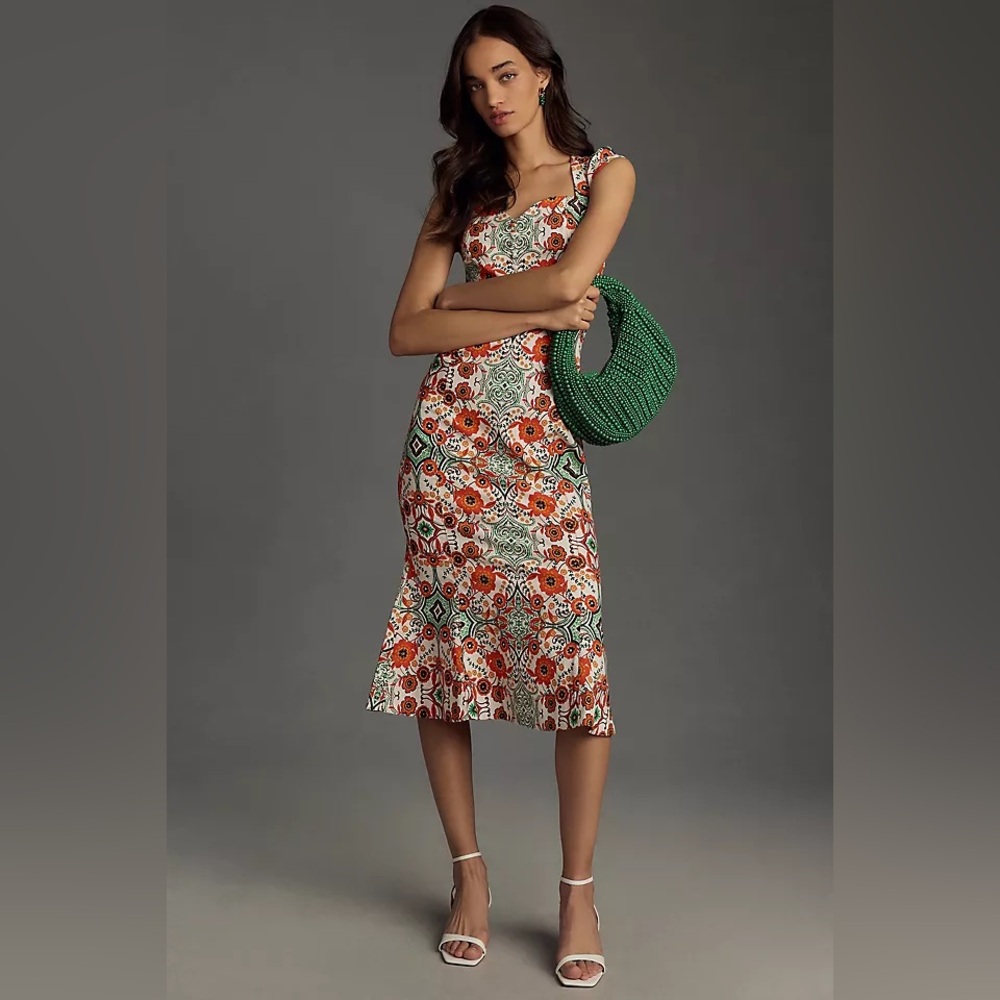 Anthropologie Red and Green Patterned Midi Dress